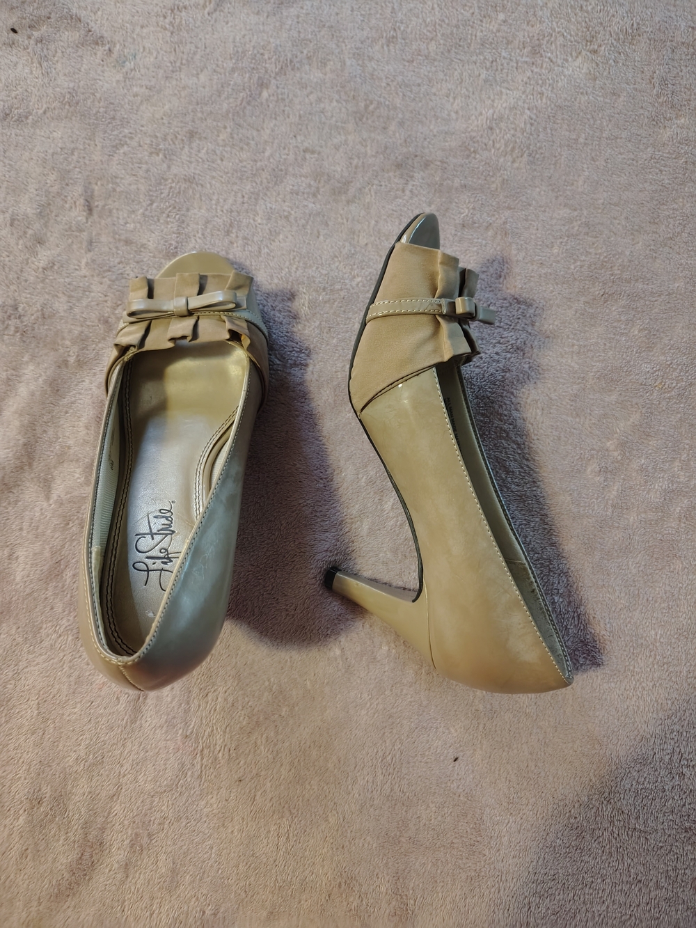 Life Stride Taupe Bow Peep-Toe Heels for Women